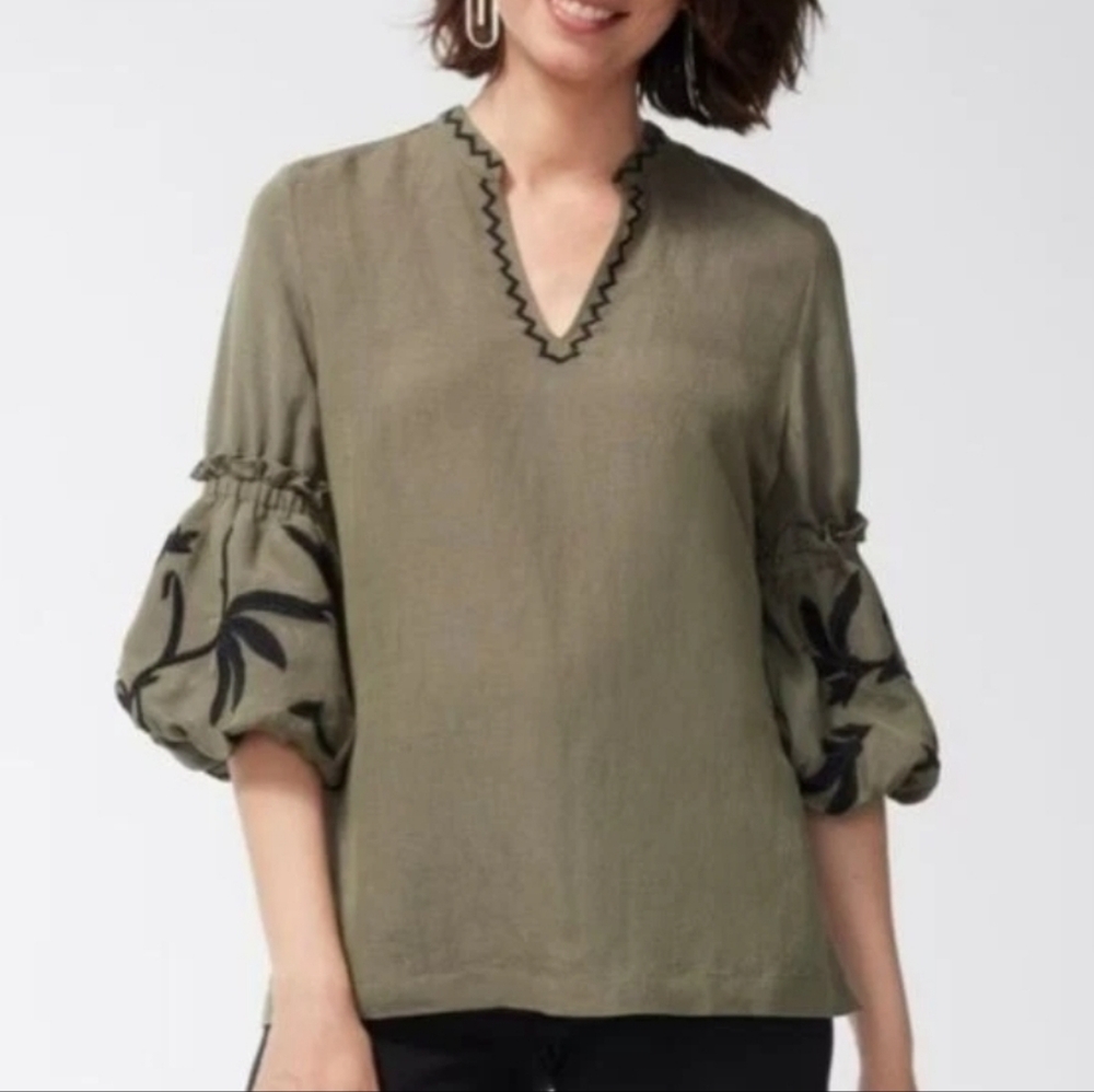 NWT Chico's Olive Green Embroidered Bell Sleeves Women's Top Size 2